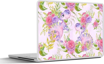 Laptop sticker - 13.3 inch - Dinosaurussen - Bloemen - Kinderkamer - Meisjes - Kinderen - Roze - Meid - 31x22,5cm - Laptopstickers - Laptop skin - Cover