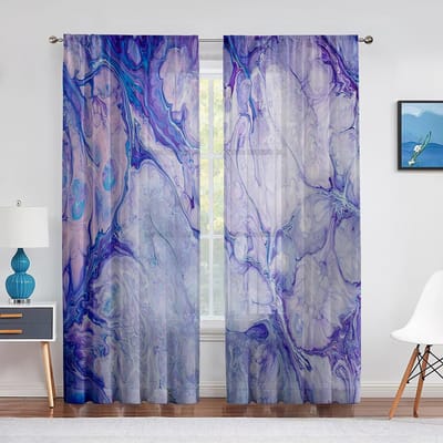Marmer Abstract Blauw Paars Marmering Tule Gordijnen voor Woonkamer Slaapkamer Keuken Decoratie Transparante Behandeling Raamgordijnen 1 PCS W100XH250cm&Grommet Top