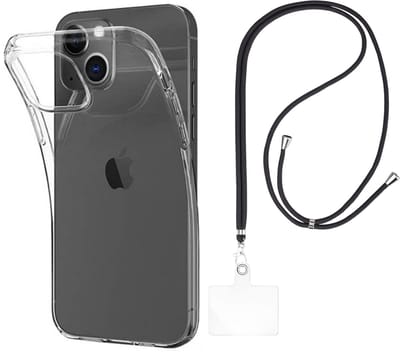 Set met hoesje en nekband voor iphone 13 - Flexibele, transparante TPU-bescherming, verstelbare universele nekband voor mobiele telefoons, zwarte nekband, transparante draagriem van Phonillico®