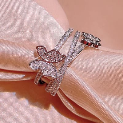 Sweet and Elegant Bow Ring Zircon Ring Feminine Chic Overlapping Index Ring No. 10 white