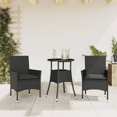 vidaXL - 3-delige - Tuinset - met - kussens - poly - rattan - en - glas - zwart