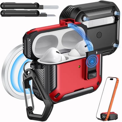 AirPods Pro 2 Hoes met Lock - Geschikt voor MagSafe, Telefoonstandaard & Auto Pop-up, Militaire Bescherming met Schoonmaakset, Rood/Zwart