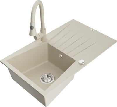 Mexen Cesar granieten gootsteen 1-kompartement met afdruiprek en keukenkraan Elia, beige - 6514-69-670101-69