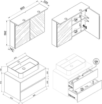 VCM 3-tlg. Waschtisch Set mit Keramikbecken, Badschrank mit 2 Softclose-Schubladen, Spiegelschrank mit Beleuchtung und Steckdose, Maße Unterschrank H. 51 x B. 80 x T. 51 cm, Cosila-A