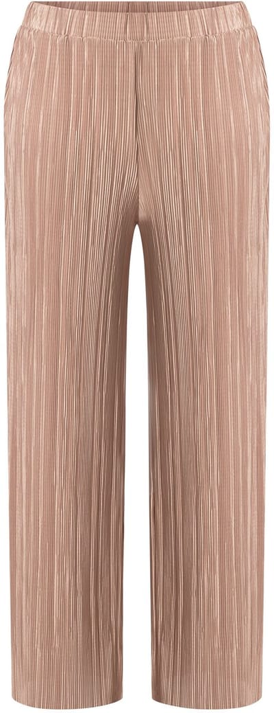 Ulla Popken - Dames - Geplooide broek wijde pijpen hoge taille elastische band - Lichtbruin - Maat 54+