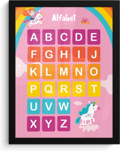 Poster in lijst - Fotolijst 30x40 cm - Posters - Alfabet - Educatief - Letters leren voor kinderen - Roze - Eenhoorn - Posterlijst zwart - Kamer decoratie - Wanddecoratie kinderkamer - Muurdecoratie babykamer