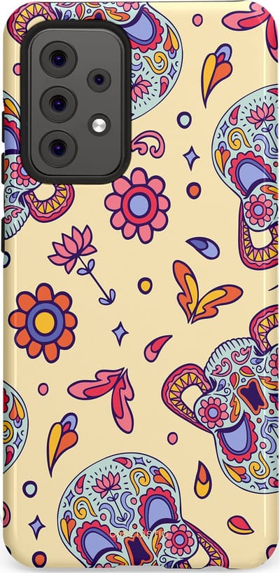 Casetastic hoesje geschikt voor Samsung Galaxy A52 (2021) 5G / Samsung Galaxy A52 (2021) 4G - Dubbellaagse bescherming - Dia de los Muertos Doodshoofd Bloemen - Fashion Case - Crème Lila Zilver