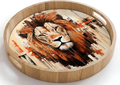 Dienblad rond 40x40 cm - Schootdienblad hout - Leeuwenkop - Lijnen - Crème - Borrelplank rechthoek - Plateau houten dienbladen
