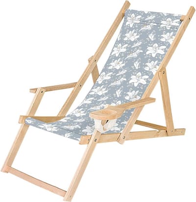 Inklapbare Houten Ligstoel met Armleuningen en Bekerhouder - Strandstoel in Blauw-Wit Motief
