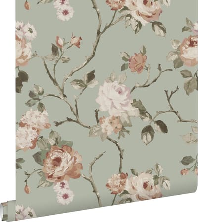 ESTAhome behang vintage bloemen vergrijsd mintgroen en zacht roze - 53 cm x 10.05 m - 139291
