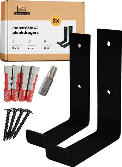 GoudmetHout® Industriële Plankdragers L-vorm UP - 10 cm - Stalen Plankdrager voor Wandschap, Muurrek of Wandconsole - Max 50 kg - 2 Stuks - Mat Zwart