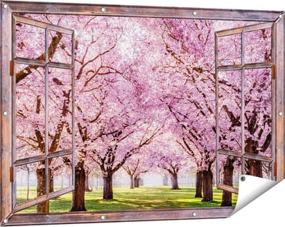Gards Tuinposter Doorkijk Roze Bloesembomen Park - Bloemen - 120x80 cm - Tuindoek - Tuindecoratie - Wanddecoratie buiten - Tuinschilderij