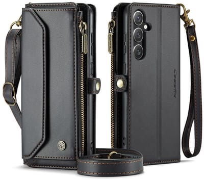 CaseMe Bookcase hoesje geschikt voor Samsung Galaxy S25+ - Effen Zwart - Kunstleer - Portemonnee Hoesje met Koord, Ritsvakje & 7 Vakjes voor Pasjes