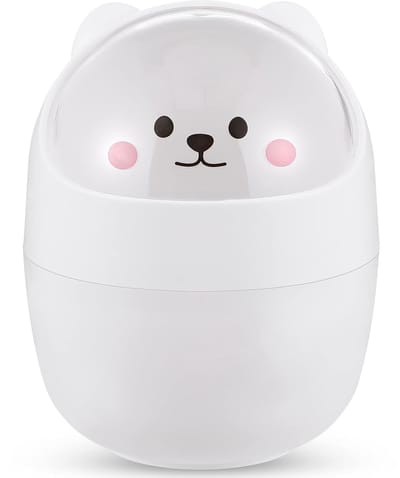 Leuke mini-prullenbak voor op het bureau met deksel - vuilnisbak in de vorm van een cartoonkat met draaibaar deksel - mini-prullenbak voor op het aanrecht - kleine prullenbak voor op het aanrecht - Wit