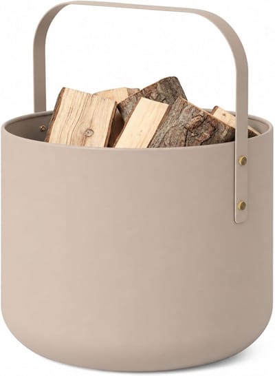 Design Kaminholzkorb Metall, houtmand voor kaminhout met handvat, grote mand voor kaminhout 36 x 44 cm, brandhoutmand als openhaardaccessoire, opbergmand in matte uitstraling, Beige