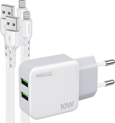 Phreeze usb adapter 10 W - Geschikt voor iPhone en iPad met Lightning kabel - Dubbele usb poorten - 2 kabels inbegrepen