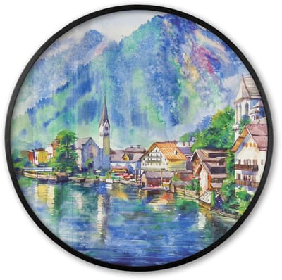 Poster in lijst Rond - Fotolijst 60x60 cm - Posters - Schilderij - Olieverf - Huis - Bergen - Water - Ronde posterlijst zwart - Decoratie - Wanddecoratie woonkamer - Muurdecoratie slaapkamer