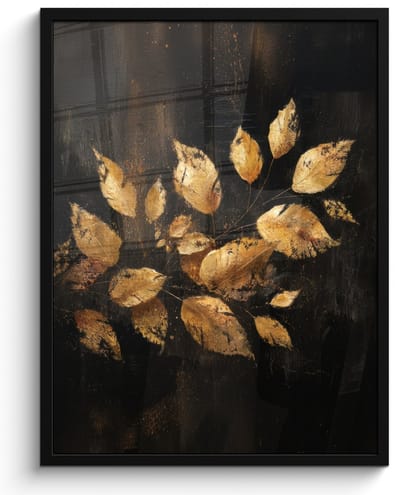 Poster in lijst - Fotolijst 60x80 cm - Posters - Gouden Bladeren op Donkere Achtergrond - Posterlijst zwart - Decoratie - Wanddecoratie woonkamer - Muurdecoratie slaapkamer