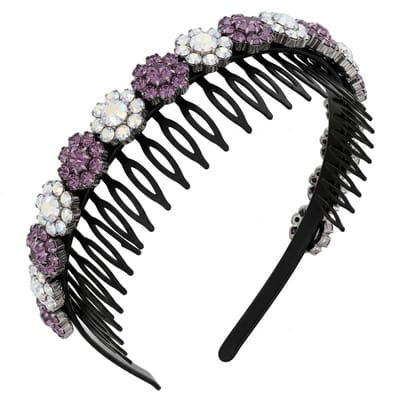 Zwarte haarband met paarse en witte strass bloemen – dames diadeem met kristallen – elegante haaraccessoire met antislip tanden