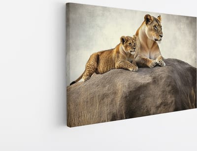 Saammp Canvas Schilderij - Leeuw met welp op steen - Dieren - Natuur - 45x30 - Foto op canvas - Wanddecoratie - Muurdecoratie Woonkamer - Slaapkamer decoratie - Canvas Print