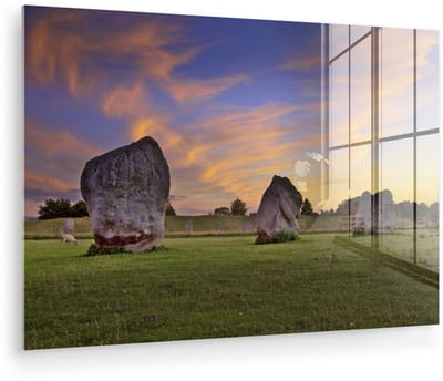 ® Glasschilderij 180x120 cm - Schilderij acrylglas - De historische steencirkel van Avebury in het Engelse Wiltshire - Foto op glas - Muurdecoratie woonkamer - Wanddecoratie slaapkamer - Schilderijen