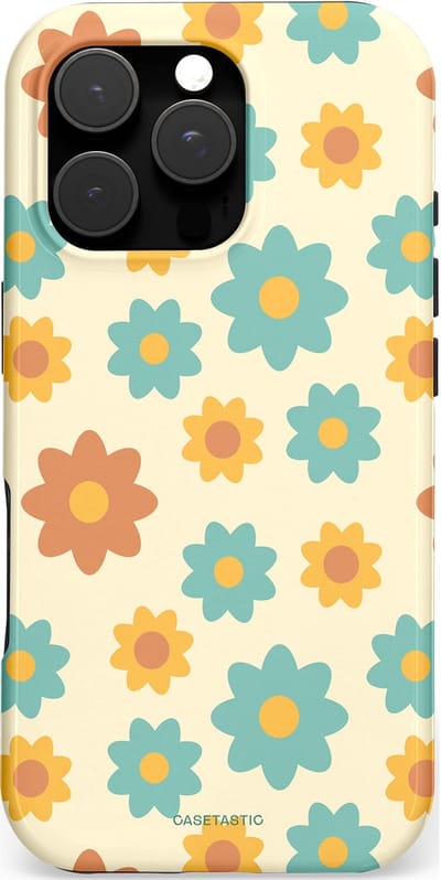 Casetastic hoesje geschikt voor Apple iPhone 16 Pro - MagSafe - Dubbellaagse bescherming - Retro bloei - Fashion Case - Crème Mintgroen Goud Perzik