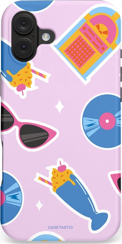 Casetastic hoesje geschikt voor Apple iPhone 16 Plus - MagSafe - Dubbellaagse bescherming - Jukebox vibes - Fashion Case - Lichtroze Lavendel Wit Lichtblauw
