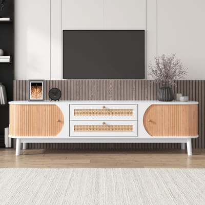 Rotan TV-meubel 170 cm Wit – TV-kast met Deuren en Laden