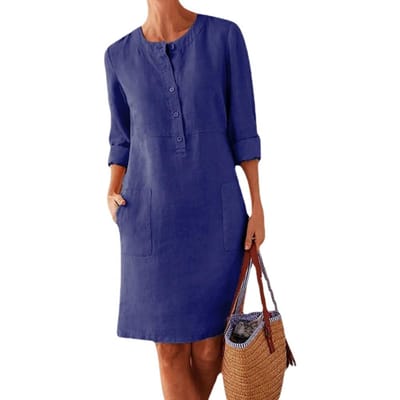 Midi Jurk Elegante Knielange Damesjurk met Ronde Hals Lange Mouwen Opgestikte Zak voor Casual Dagelijks Gebruik in Herfst Lente L donkerblauwe kleur