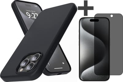 Hoesje met Privacy Screenprotector Geschikt voor iPhone 15 Pro Max Hoesje Siliconen - liquid case - Arara Backcover - Zwart