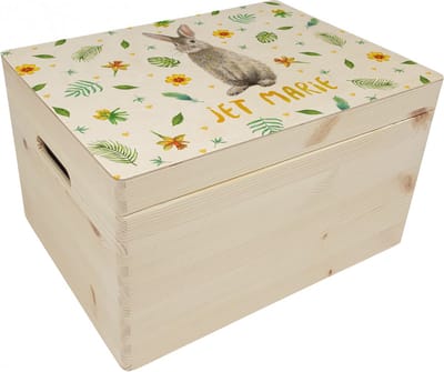 World of Mies memorybox konijn met naam - Houten herinneringskist 30 x 40 x 23 cm - met handvaten - hoogwaardige kleurenprint in het hout - handgeschilderd design door Mies