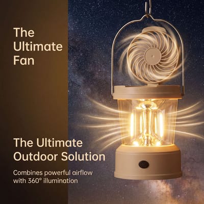 Draagbare LED-kampeerlantaarn met ventilator, 2-in-1 opvouwbaar ontwerp, 18x10 cm, elektrische kampeerlamp met ventilator, oplaadbare buitenlamp, heldere en efficiënte LED-verlichting, voor wandelen, tent, camper en reizen.