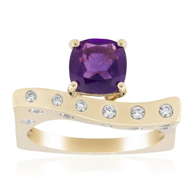 Cavill - Luxe Damesring 9K Geelgoud - AAA Braziliaanse Amethist 1,12 ct & 13 Zirkonen 0,35 ct - Antiek Kussenslijpsel - Moderne Golvende Band