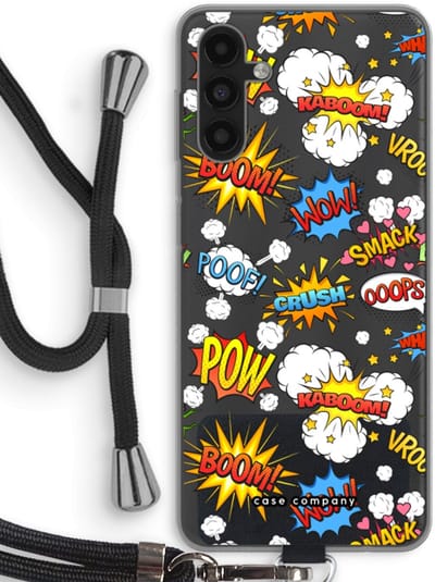 Case Company® - Hoesje met koord geschikt voor Samsung Galaxy A04s hoesje met Koord - Pow Smack - Telefoonhoesje met Zwart Koord - Bescherming aan alle Kanten en Over de Schermrand
