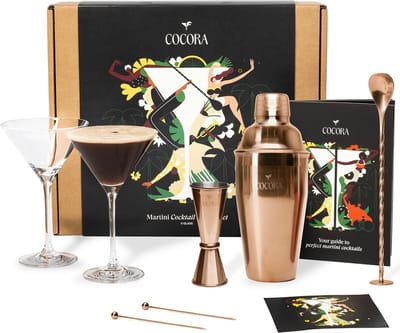 Cocora Martini Geschenkset - 8-delige RVS Cocktail Set - Cocktailshaker - Martini Glazen - Cocktail Boek met o.a. Pornstar, Espresso Martini recept - Rosé Goud