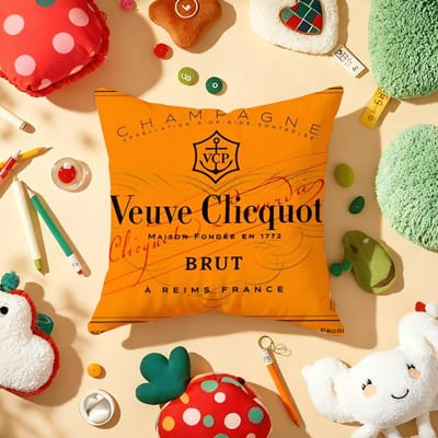 Housse de coussin de luxe V-Veuve C-Clicquot Tissu pelucheux Douce Imprimée recto-verso Canapé Chaud Hiver Cadeau Maison Housse de coussin Linen 40*40(CM)-1Pcs
