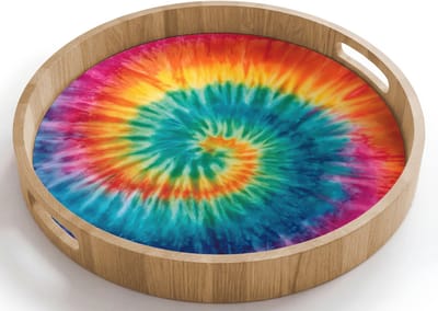 Dienblad rond 40x40 cm - Schootdienblad hout - Regenboogkleuren - Tie dye - - Borrelplank rechthoek - Plateau houten dienbladen