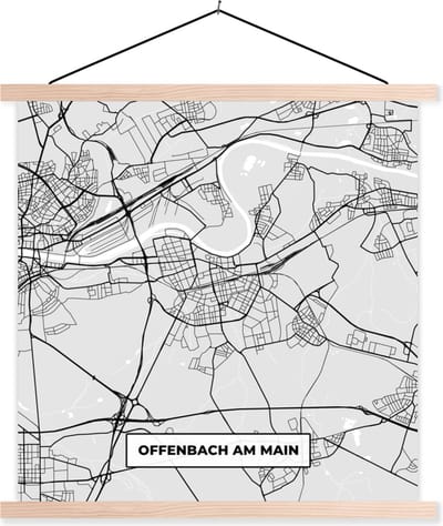 Posterhanger incl. Poster 40x40 cm - Schoolplaat - Duitsland - Plattegrond - Offenbach Am Main - Kaart - Stadskaart - Textielposter - Blanke latten - Stadskaart