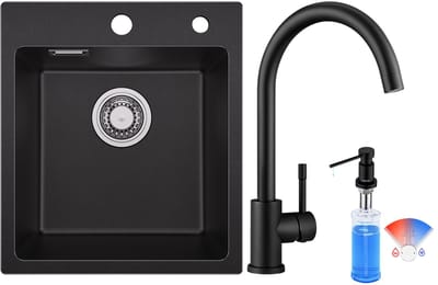 SOFETIY MAX Granieten Spoelbak 40x45CM - Spoelbakken Keuken Zwart - Enkele Spoelbakken Met Keukenkraan en Zeepdispenser 300ML - Spoelbakken Incl. Sifon en Afvoerzeefje