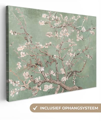 Canvas schilderij 40x30 cm - Wanddecoratie Amandelbloesem - Kunst - Van Gogh - Groen - Muurdecoratie woonkamer - Slaapkamer decoratie - Kamer accessoires - Schilderijen op canvas