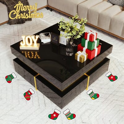 REDOM Salontafel hoogglans met gouden accenten — zwart, twee laden, compact 70×70×35,5 cm, elegant en praktisch