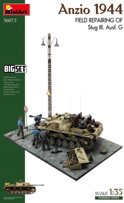 MiniArt Modelbouwpakket Diorama - 36072 Anzio 1944 - Veldreparatie van Stug III Ausf. G Tank - Grote Diorama Set Plastic - 1:35 - Modelbouw