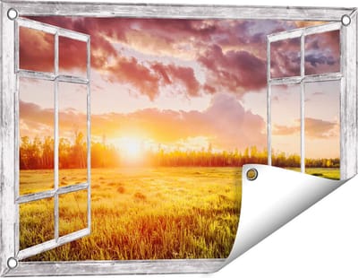 Gards Tuinposter Doorkijk Zonsopkomst in het Veld - 60x40 cm - Tuindoek - Tuindecoratie - Wanddecoratie buiten - Tuinschilderij