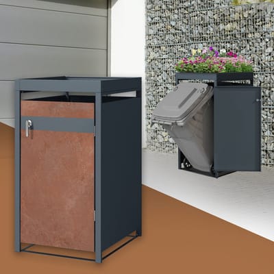 Klikoombouw, Container ombouw met groendak, 1 stuk tot 240 l, 68 x 80 x 124 cm, van staal met roestlook ML-Design