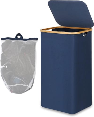 Vouwbare wasmand van 100 liter met bamboe handvatten en binnenzak voor kledingopslag, blauw, ideaal voor slaapkamer en badkamer