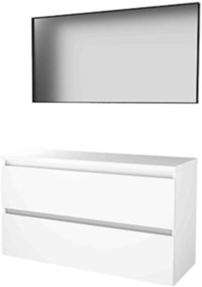 Basic-Line Framed 46 Badkamermeubelset - 120 x 46 cm - Greeploos - 2 Lades - Wastafelblad - Spiegel met Zwart Aluminium Frame - Ice White