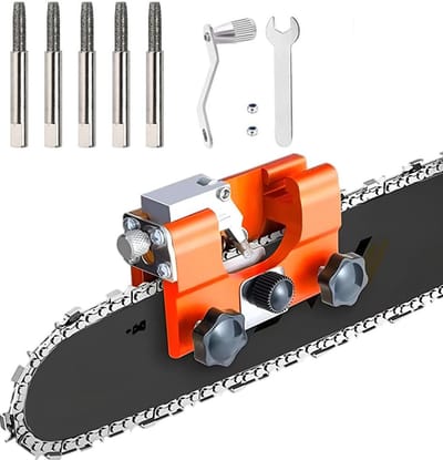 Kettingslijper - Kettingzaag slijper - Met 5 slijpkoppen - 7×6×2,8cm - Kettingzaag slijpmal - Slijpen voor kettingzagen - Draagbare Slijper vijltafel - Tanden Slijper - Voor alle soorten kettingzagen en elektrische zagen - Eenvoudig in gebruik - Geel