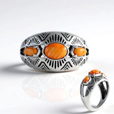 Cavill - Zilveren ring 925 Sterling Geoxideerd - 1,215 ct Oranje Stekelige Oester Ovaal Cabochon - Boho Chic Mexicaans Filigraan Design