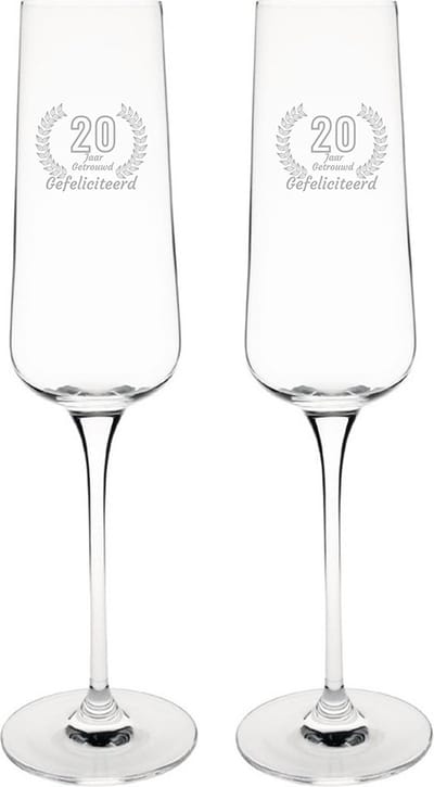Gegraveerde set champagneglazen 27cl Gefeliciteerd 20 jaar getrouwd