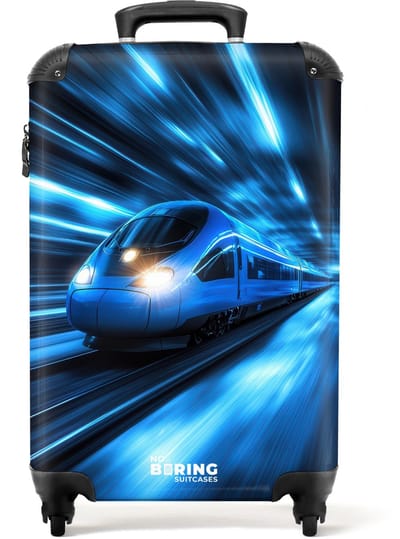 NoBoringSuitcases.com® - Kinderkoffer jongen - Kindertrolley jongens - Supersnelle trein in neonblauwe tunnel - Handbagage koffer lichtgewicht - Reiskoffer trolley kinderen - Rolkoffer met wieltjes - Past binnen 55x40x20 en 55x35x25